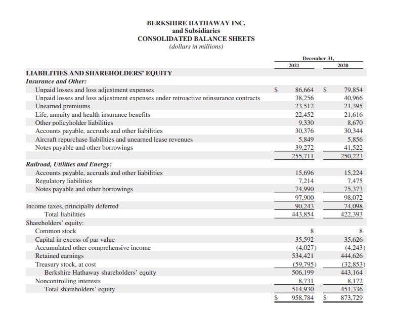 An Image showing the Balance Sheet of the Berkshire Hathaway company profile